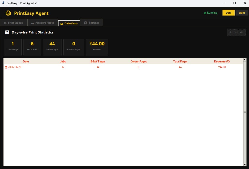 XeroBot daily stats dashboard with page counts and revenue