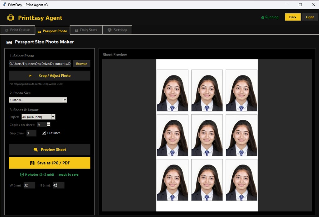 XeroBot passport photo maker with crop and sheet preview