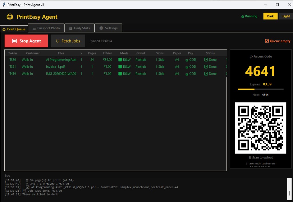 XeroBot Windows print agent showing queue, access code, and QR