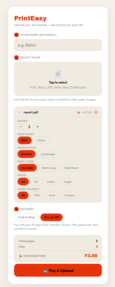 XeroBot customer upload app with file list and print options